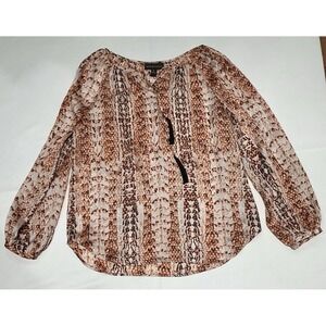 Dana Buchman Sheer Blouse Womens Medium Orange Tie Front Reptile Print Boho